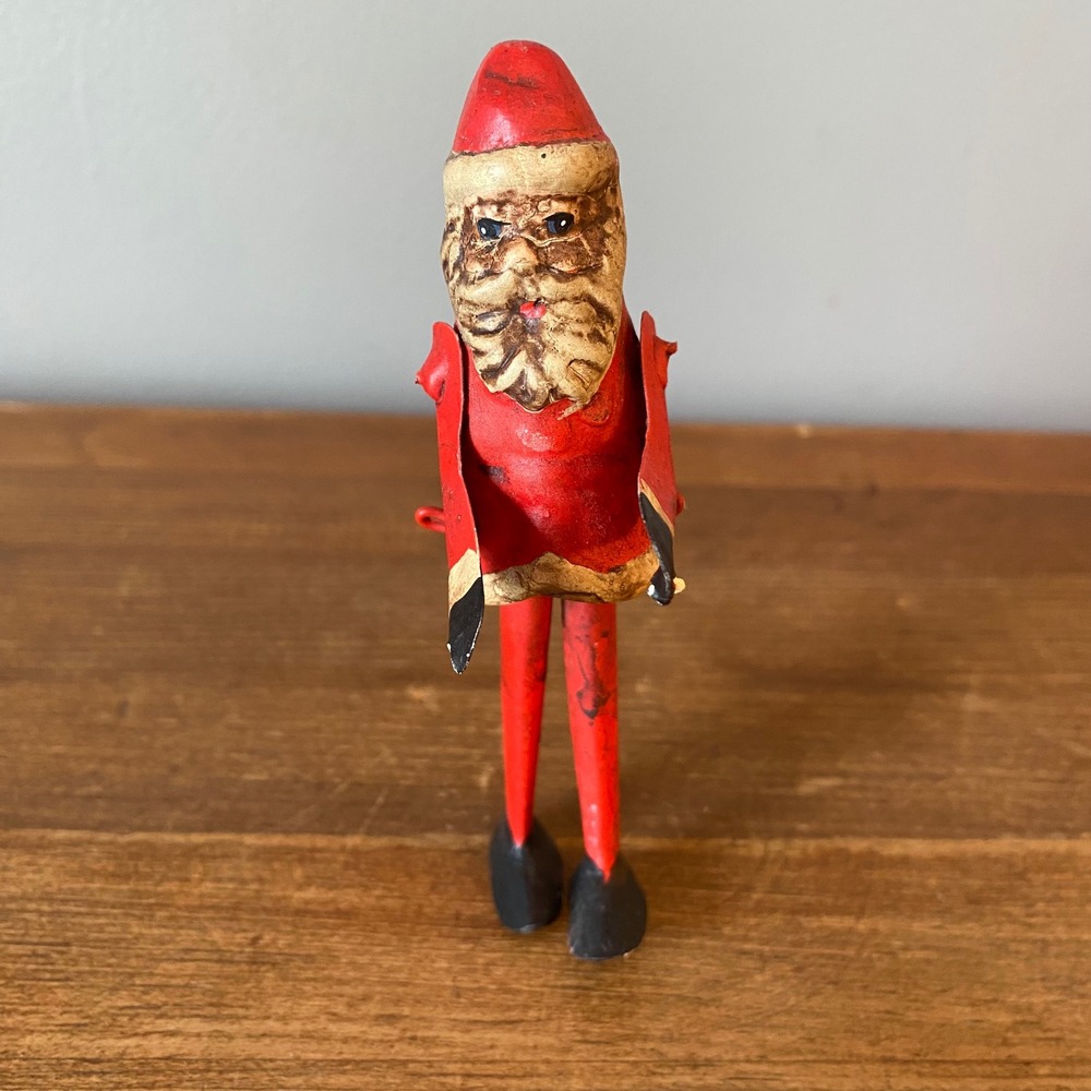 Vintage Santa Claus Figurine Distressed Tin Christmas Decor Movable Arms